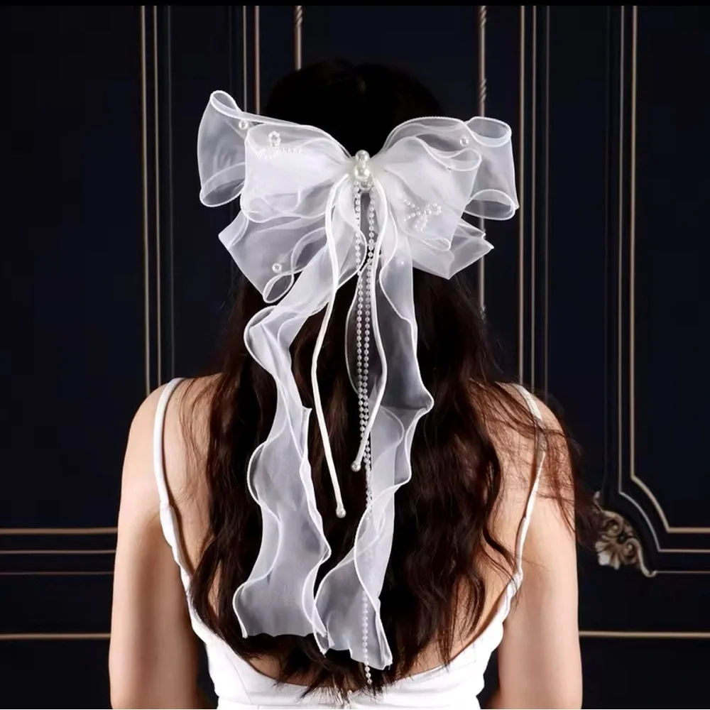Oversized White Mesh Bow With Pearls Hair Clip